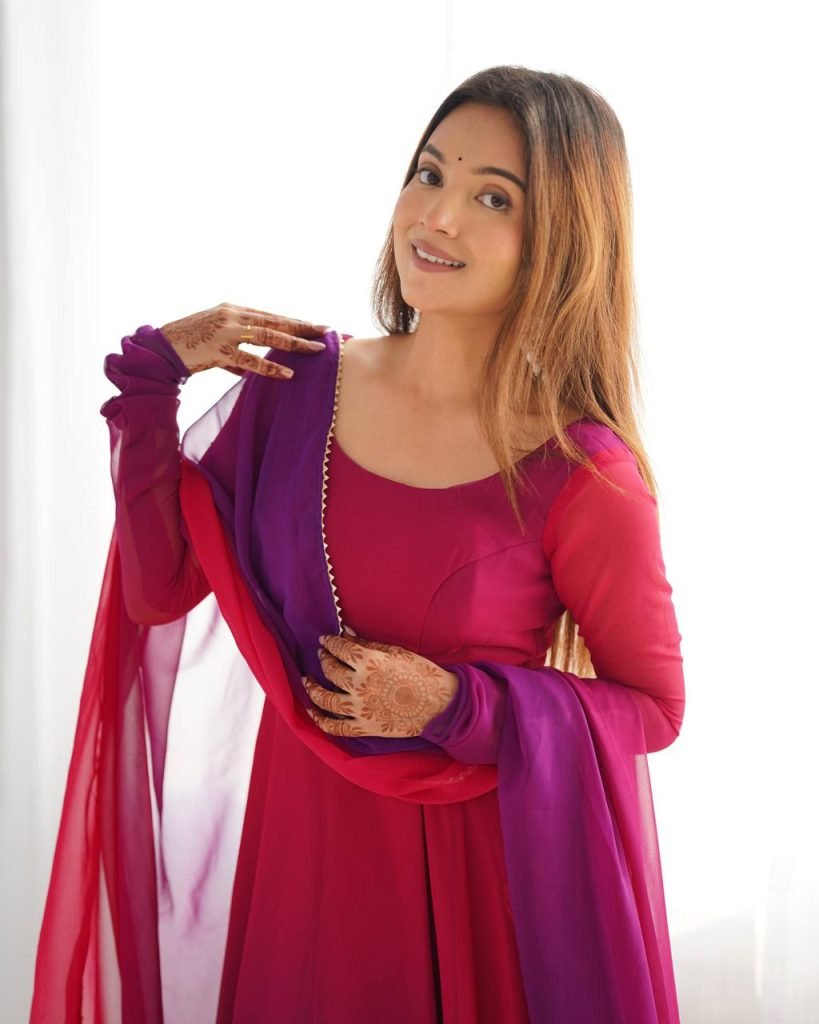 Multicolour pure roman silk chanderi anarkali, pent and dupatta set