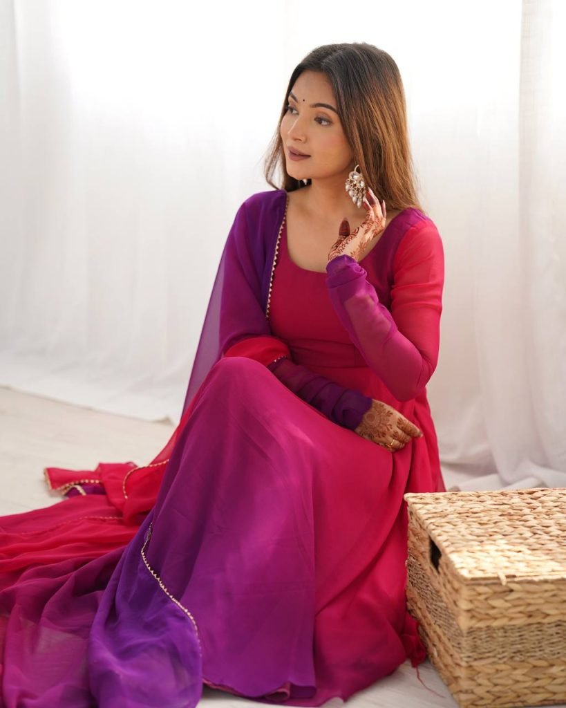 Multicolour pure roman silk chanderi anarkali, pent and dupatta set