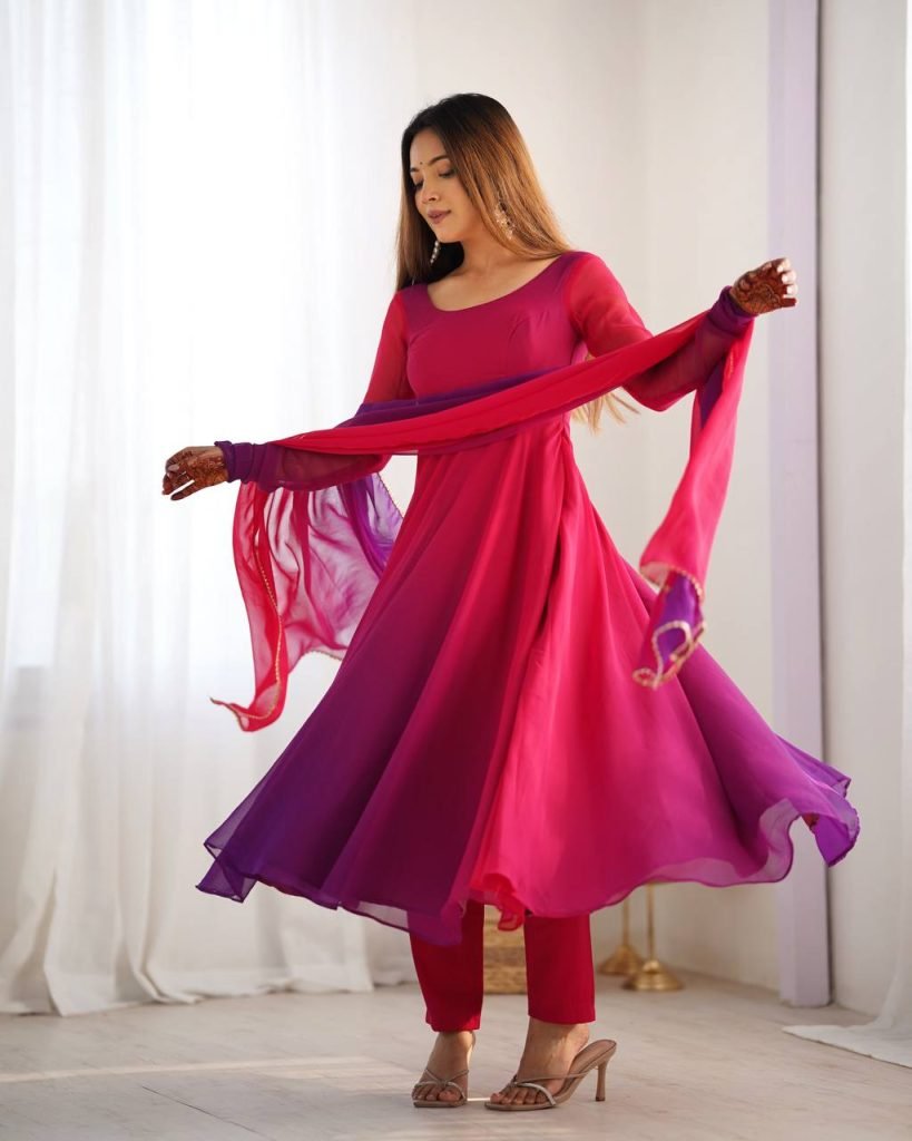Multicolour pure roman silk chanderi anarkali, pent and dupatta set