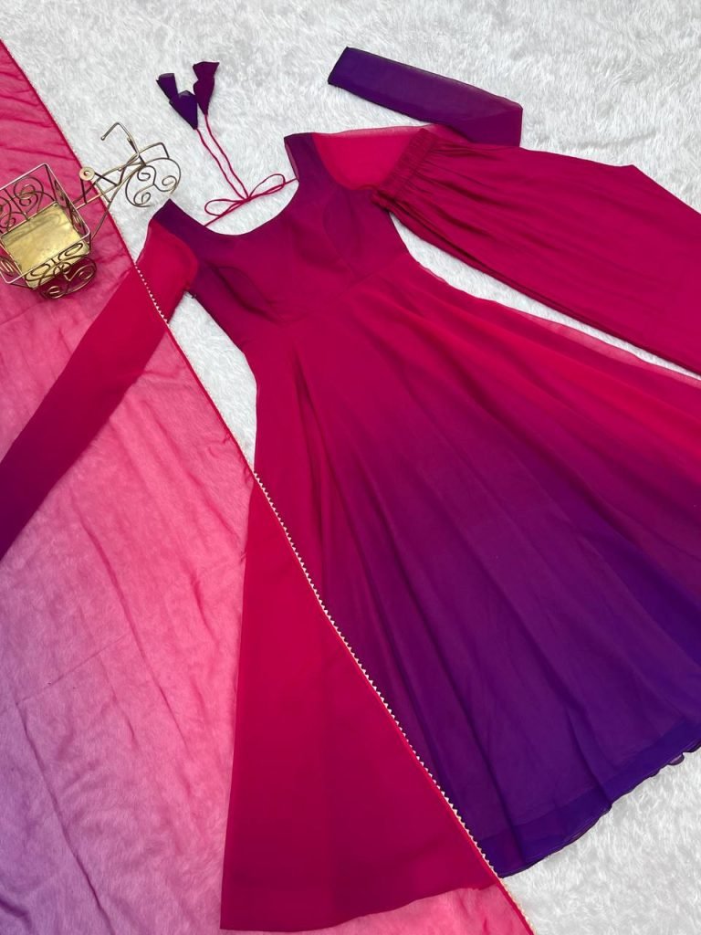Multicolour pure roman silk chanderi anarkali, pent and dupatta set