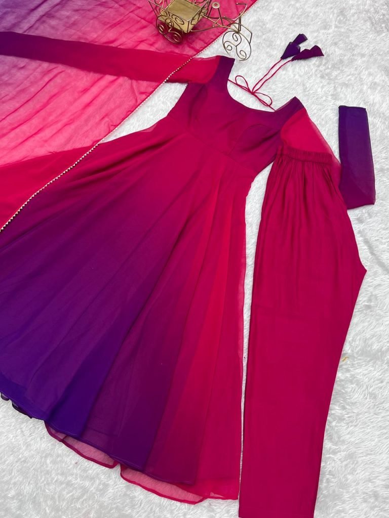 Multicolour pure roman silk chanderi anarkali, pent and dupatta set
