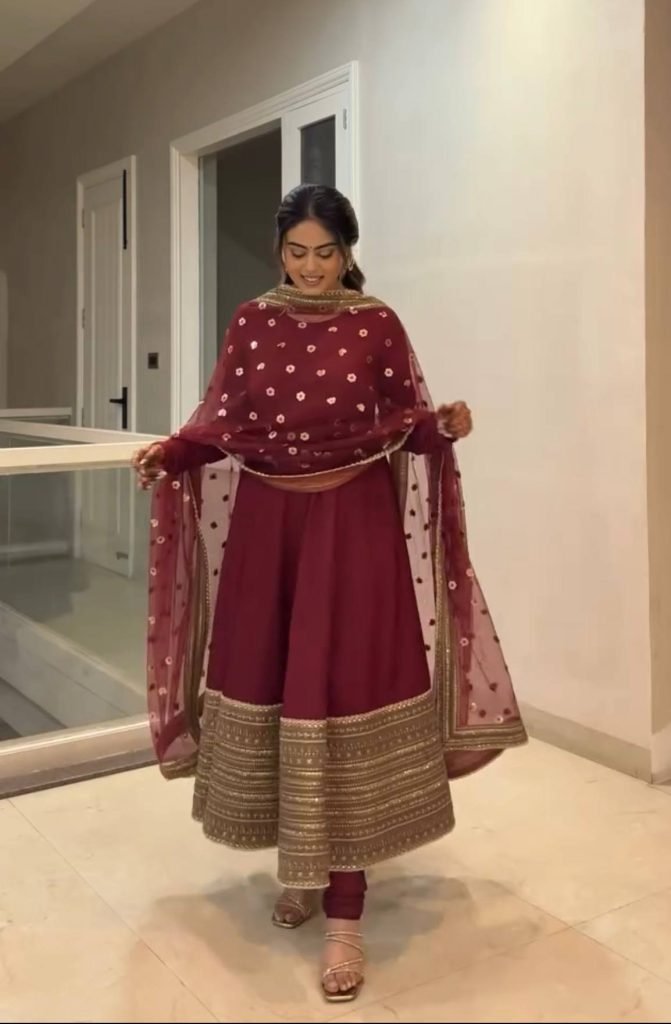 Red Roman Silk Anarkali Gown with Dupatta
