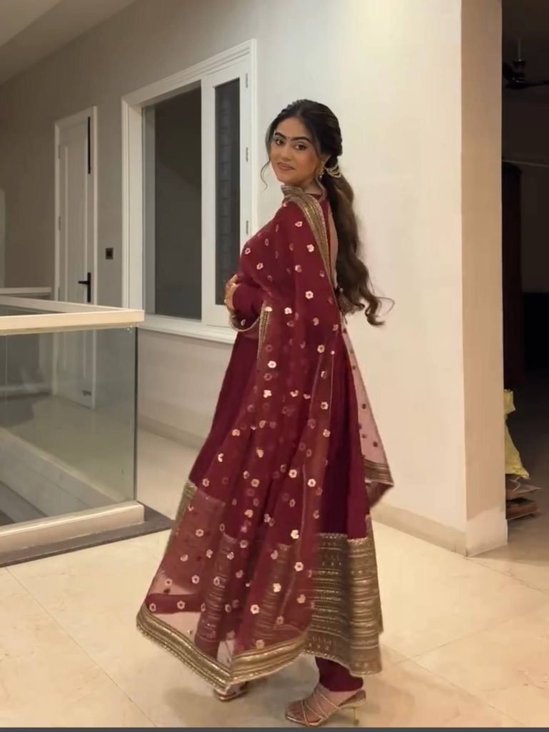 Red Roman Silk Anarkali Gown with Dupatta