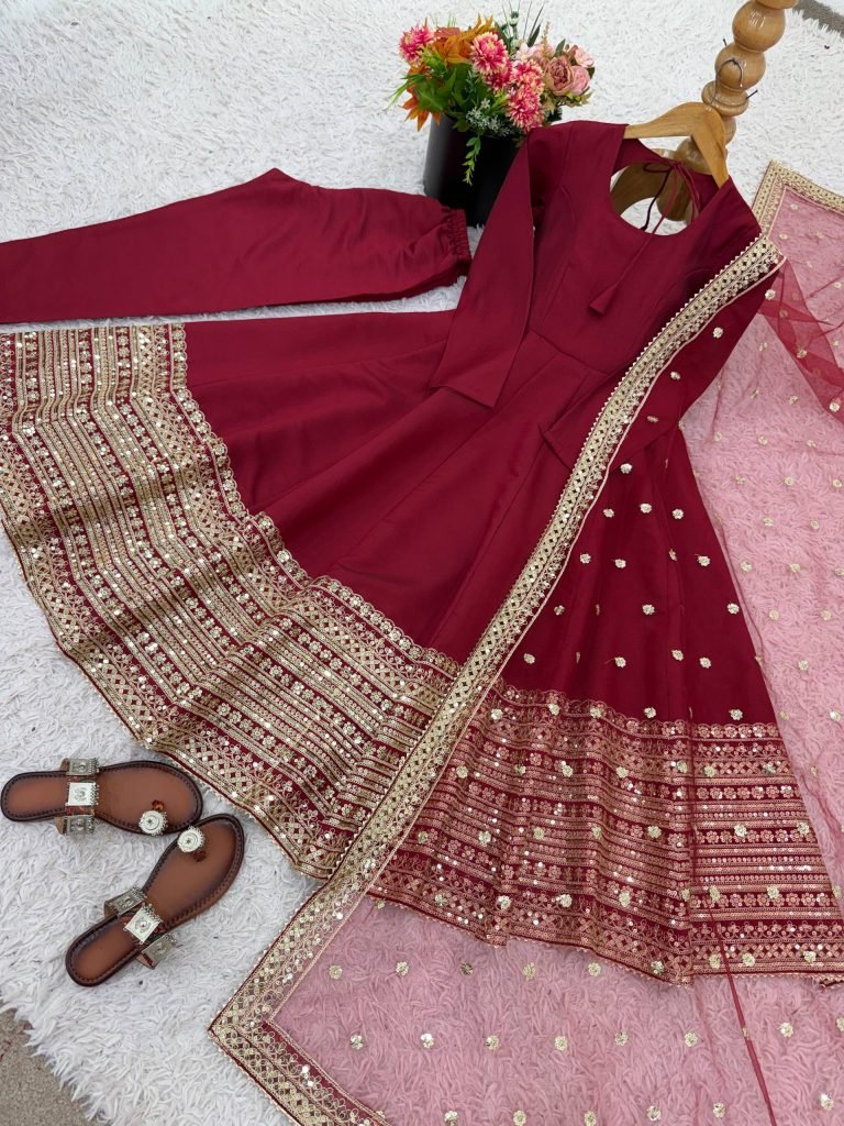 Red Roman Silk Anarkali Gown with Dupatta