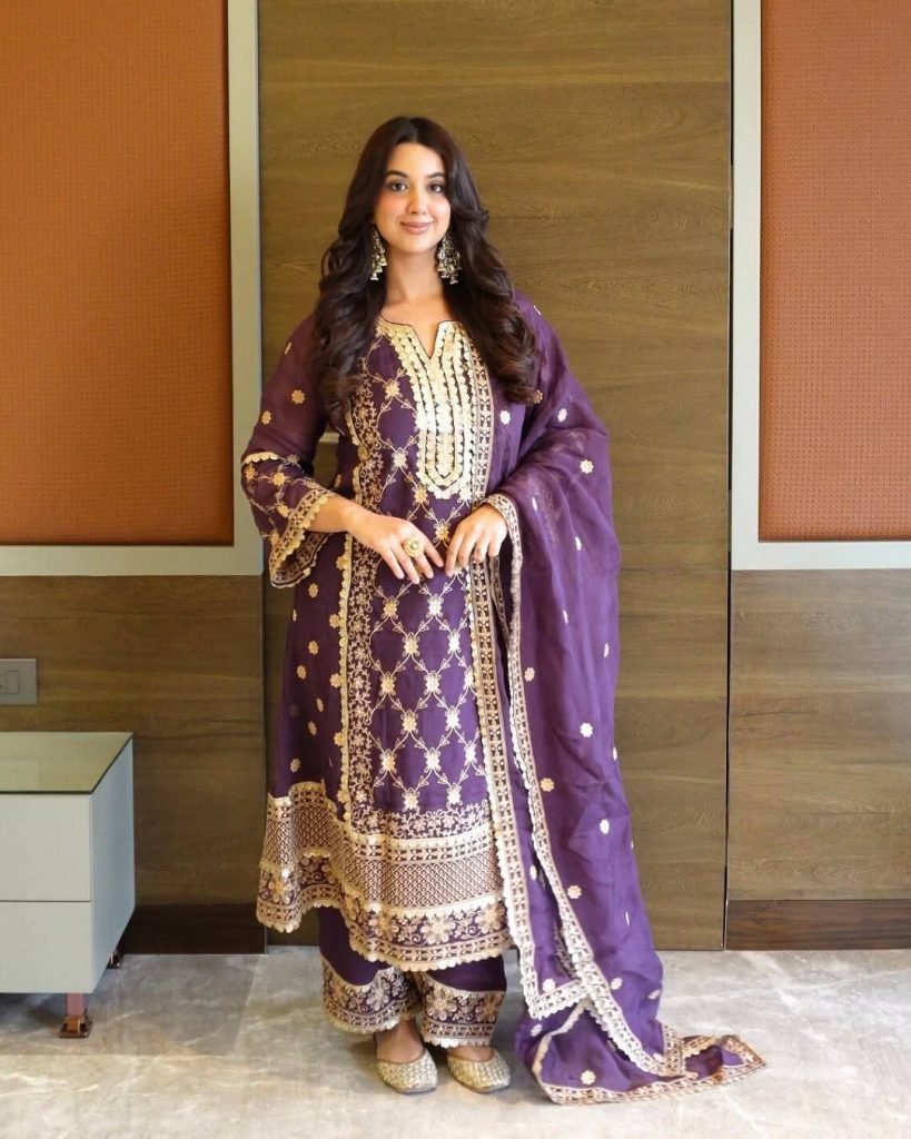 Purple heavy pure Chinon with embroidery ready to wear dress