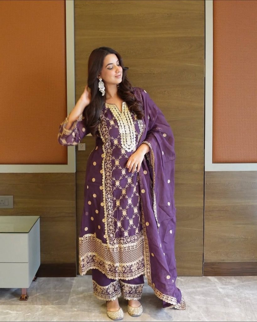 Purple heavy pure Chinon with embroidery ready to wear dress