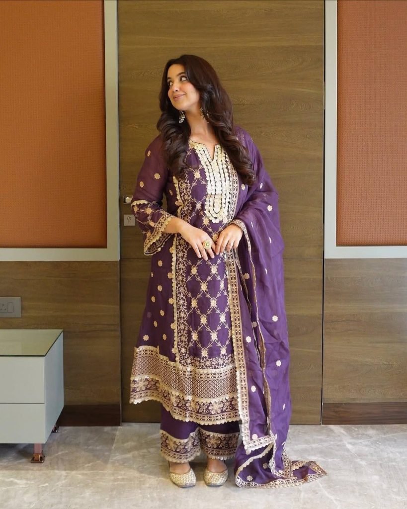 Purple heavy pure Chinon with embroidery ready to wear dress