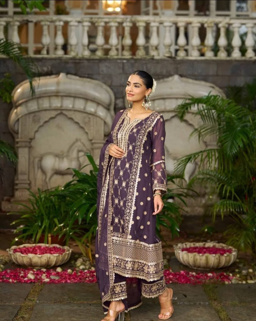 Purple heavy pure Chinon with embroidery ready to wear dress