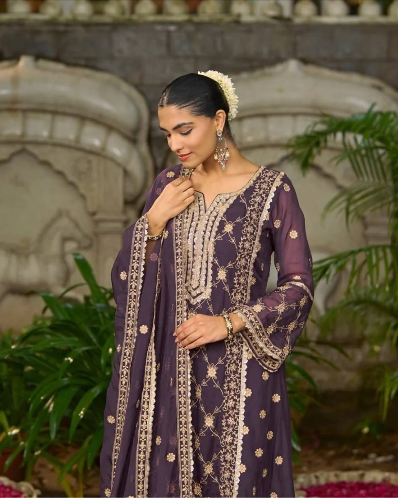 Purple heavy pure Chinon with embroidery ready to wear dress