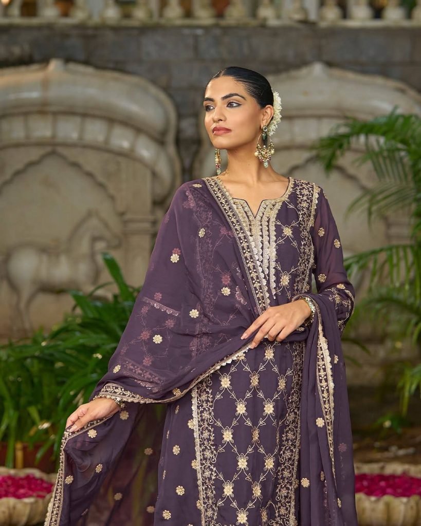 Purple heavy pure Chinon with embroidery ready to wear dress