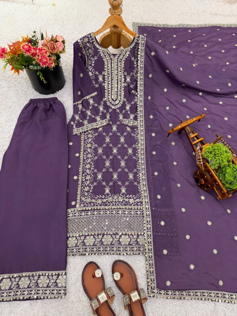 Purple heavy pure Chinon with embroidery ready to wear dress