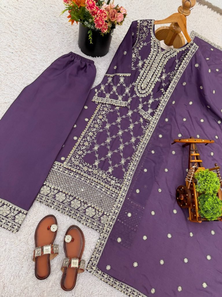 Purple heavy pure Chinon with embroidery ready to wear dress