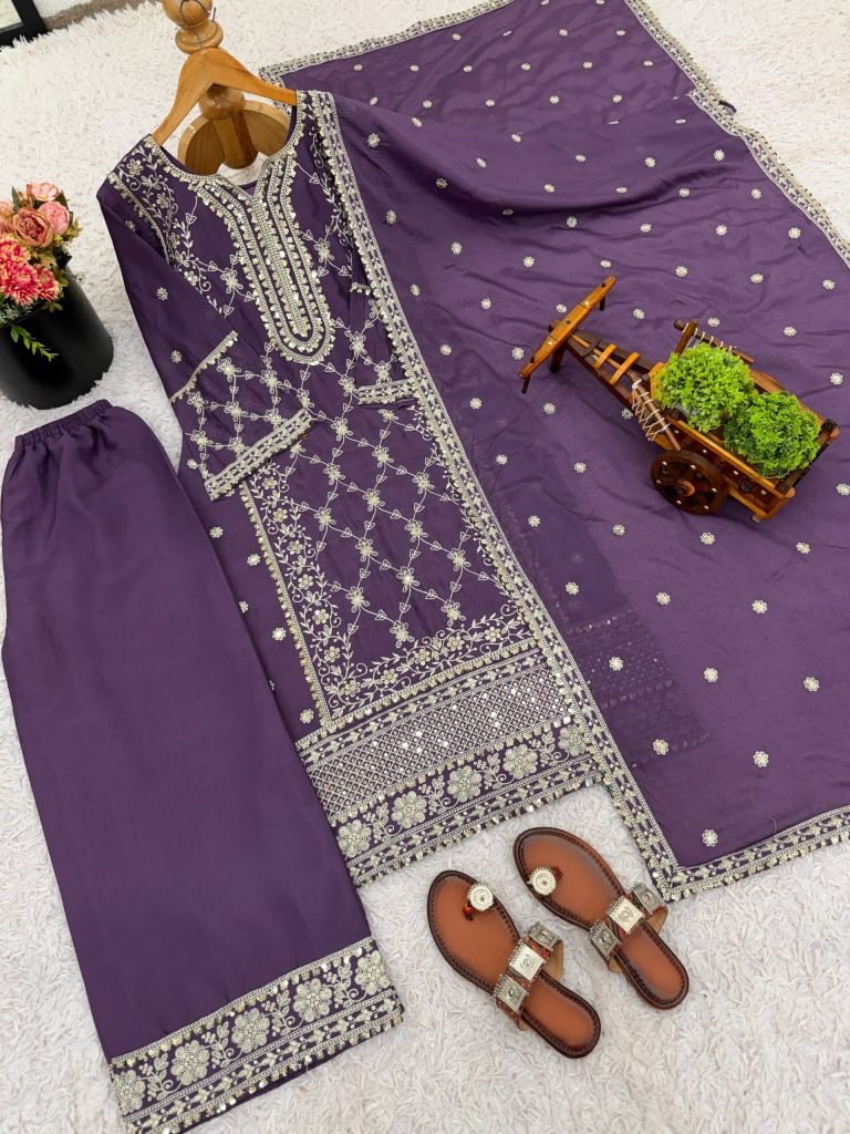 Purple heavy pure Chinon with embroidery ready to wear dress