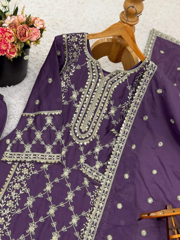 Purple heavy pure Chinon with embroidery ready to wear dress