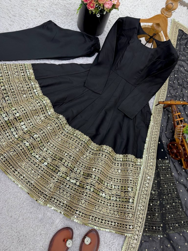 Black anarkali roman silk fully stitched ready to wear collection