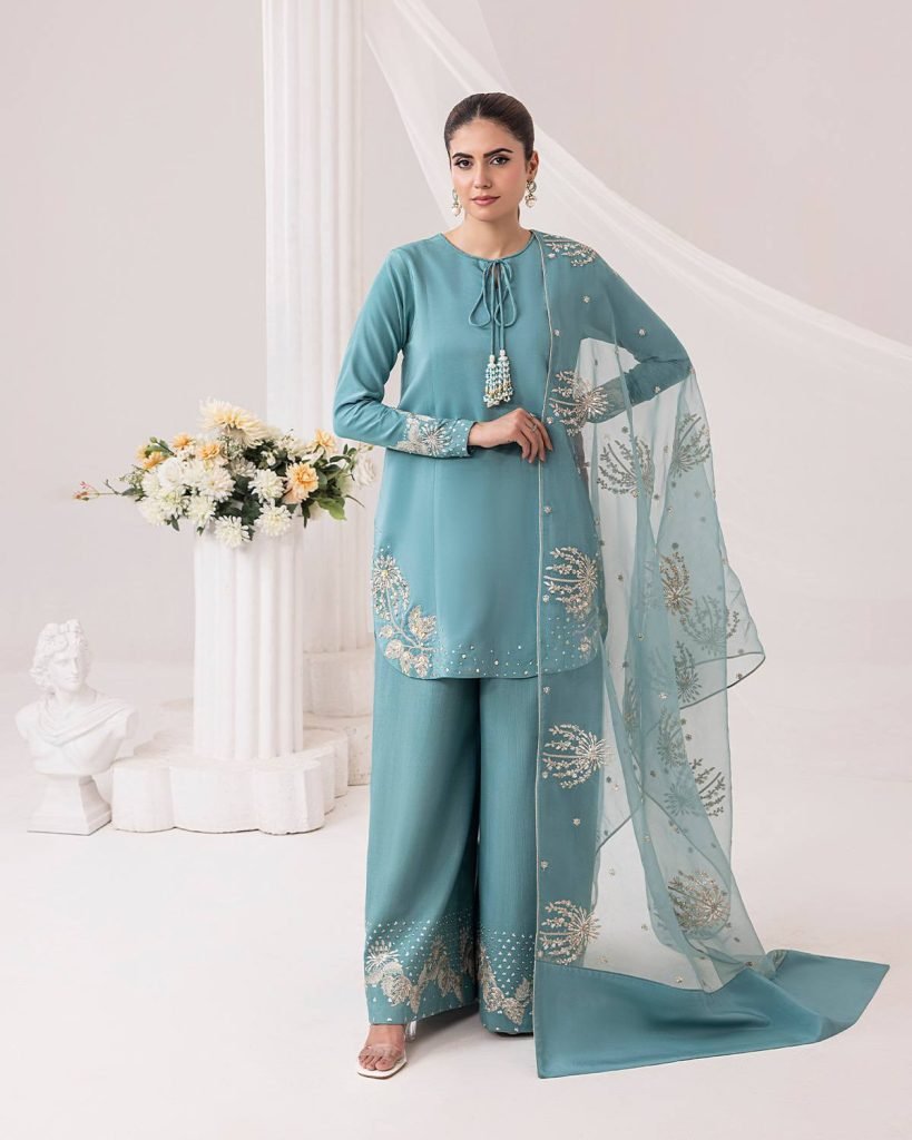 Blue Crep Silk With Embroidery Sequence Work Top-Bottom And Dupatta Set