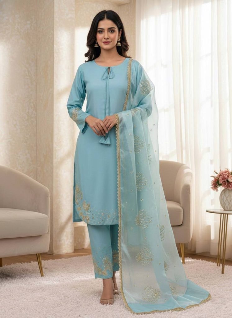 Blue Crep Silk With Embroidery Sequence Work Top-Bottom And Dupatta Set