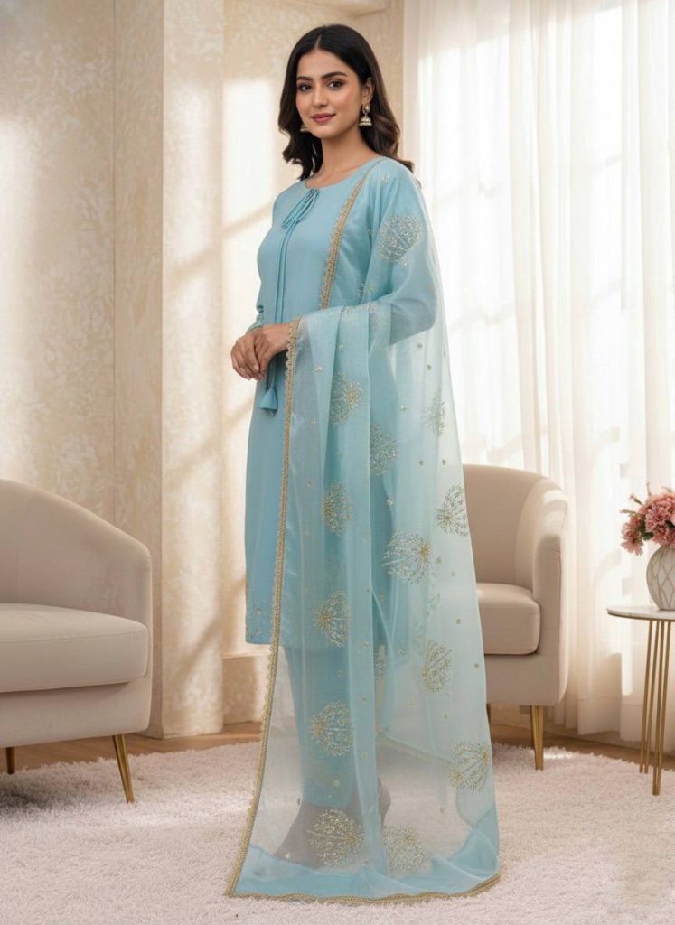 Blue Crep Silk With Embroidery Sequence Work Top-Bottom And Dupatta Set