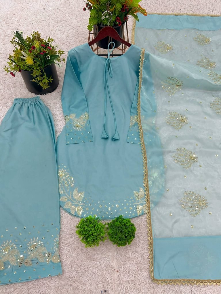 Blue Crep Silk With Embroidery Sequence Work Top-Bottom And Dupatta Set
