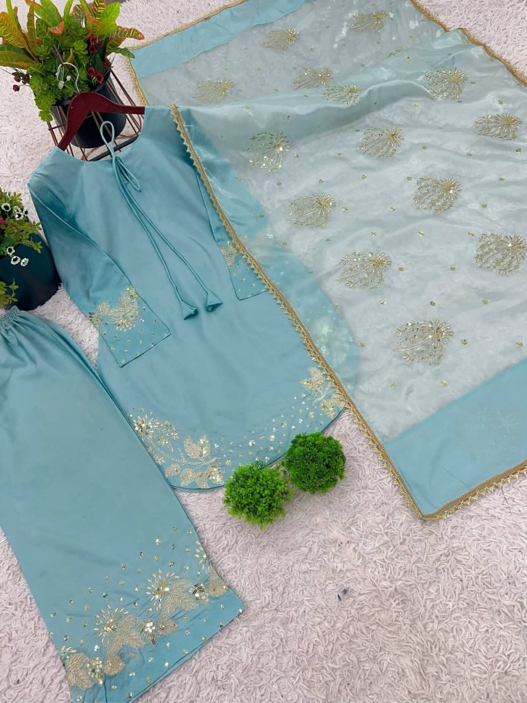 Blue Crep Silk With Embroidery Sequence Work Top-Bottom And Dupatta Set
