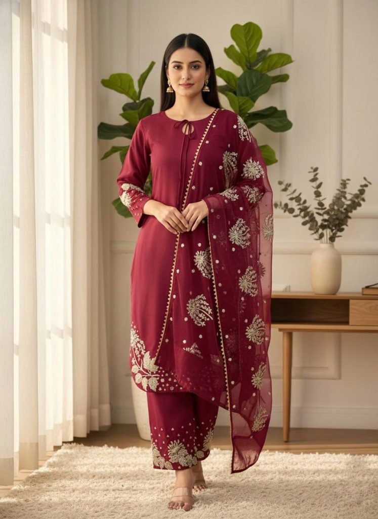 Maroon Crep Silk With Embroidery Sequence Work Top-Bottom And Dupatta Set