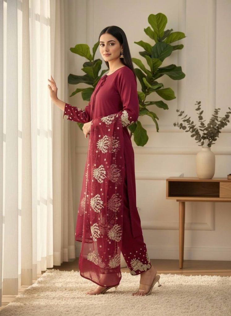 Maroon Crep Silk With Embroidery Sequence Work Top-Bottom And Dupatta Set