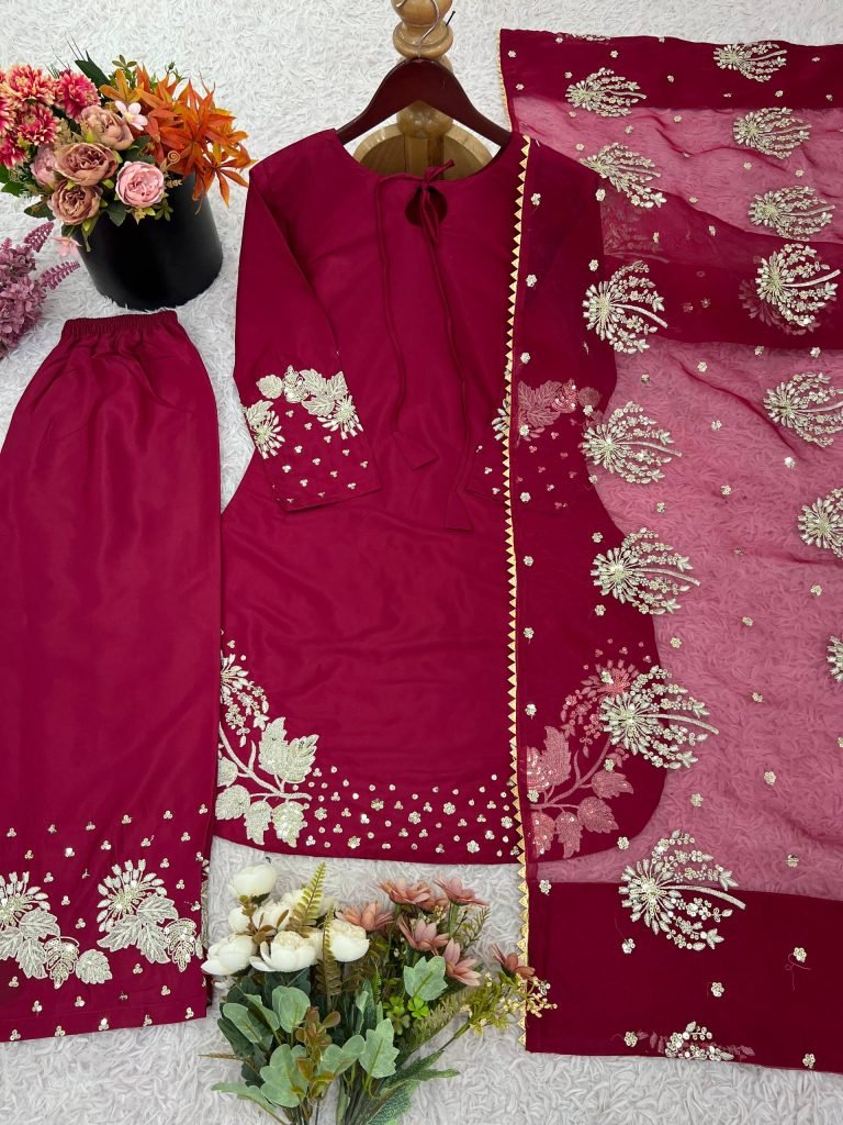 Maroon Crep Silk With Embroidery Sequence Work Top-Bottom And Dupatta Set