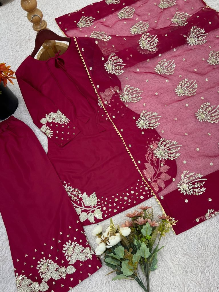 Maroon Crep Silk With Embroidery Sequence Work Top-Bottom And Dupatta Set