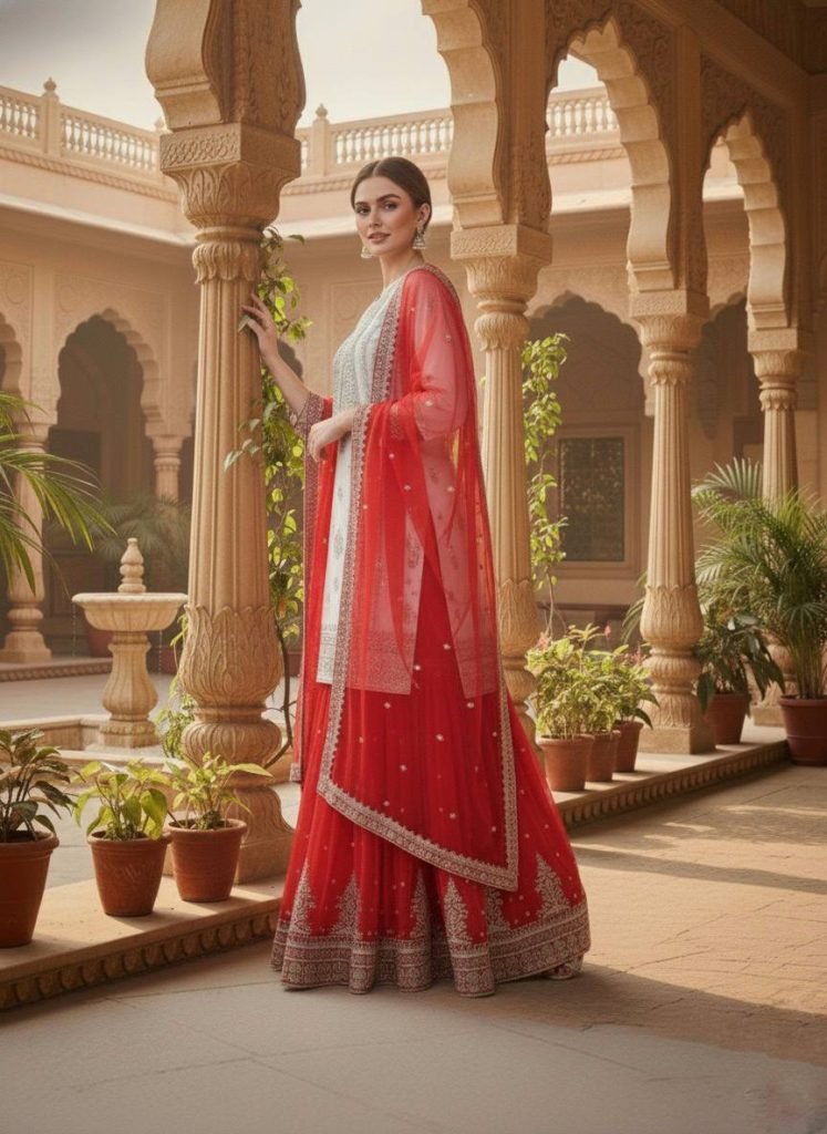 White georgette with  embroidery sequence work women’s ethnic wear