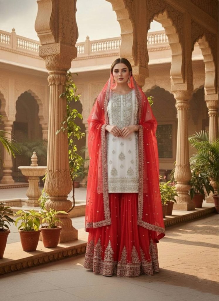 White georgette with  embroidery sequence work women’s ethnic wear