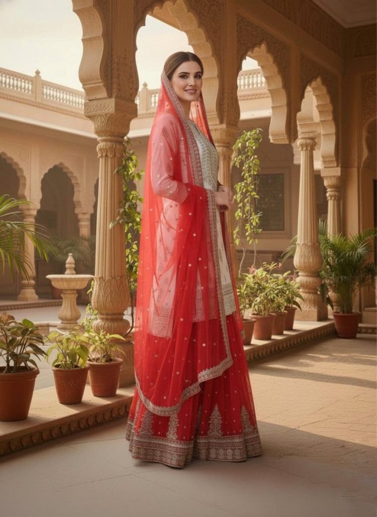 White georgette with  embroidery sequence work women’s ethnic wear