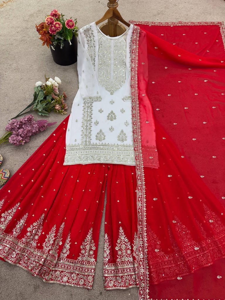 White georgette with  embroidery sequence work women’s ethnic wear