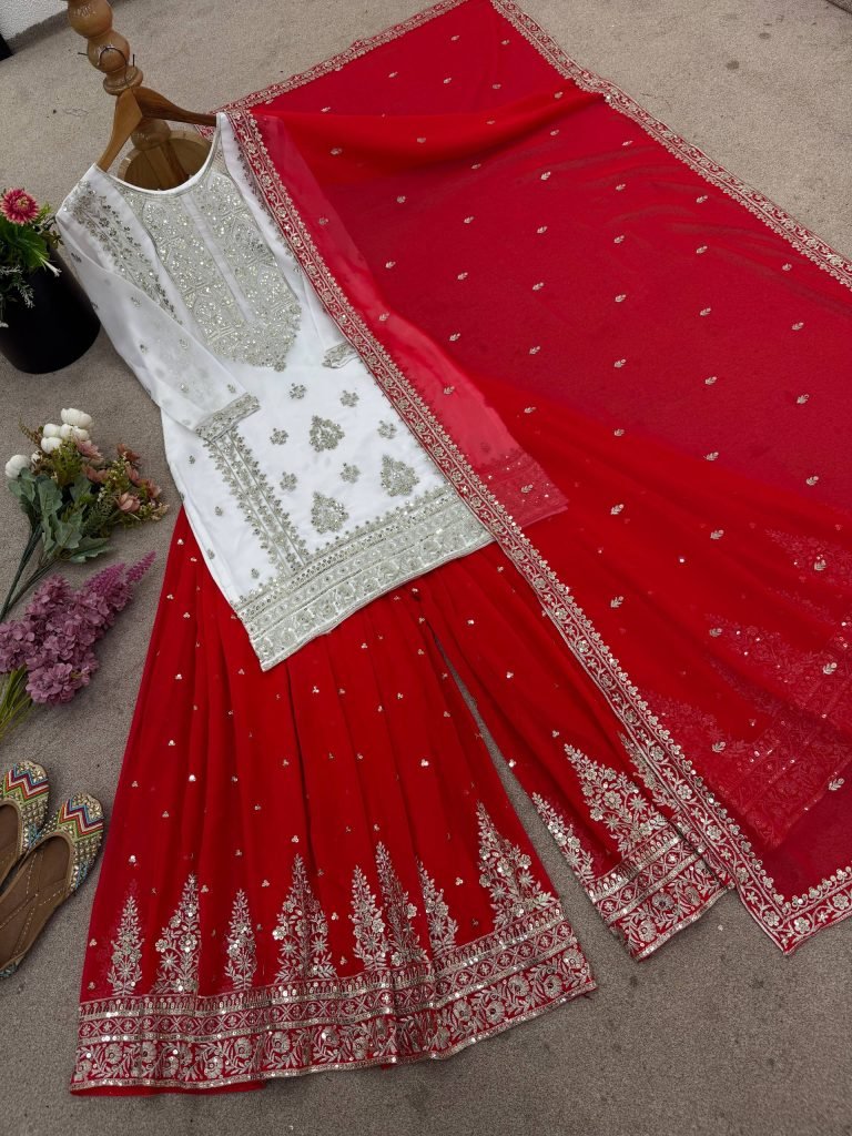 White georgette with  embroidery sequence work women’s ethnic wear