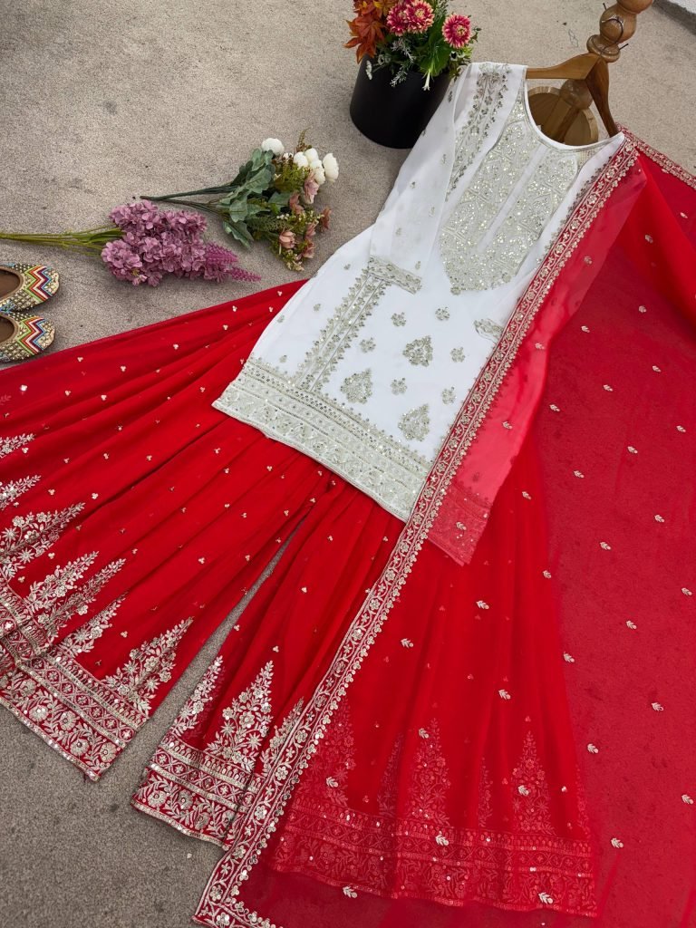 White georgette with  embroidery sequence work women’s ethnic wear