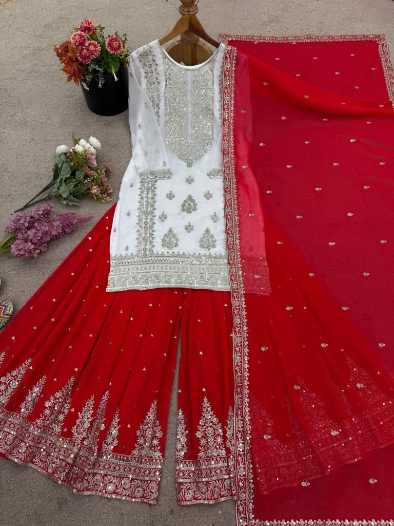 White georgette with  embroidery sequence work women’s ethnic wear