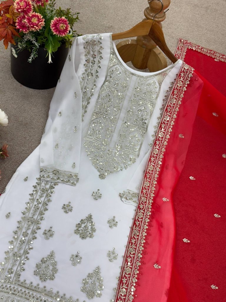 White georgette with  embroidery sequence work women’s ethnic wear
