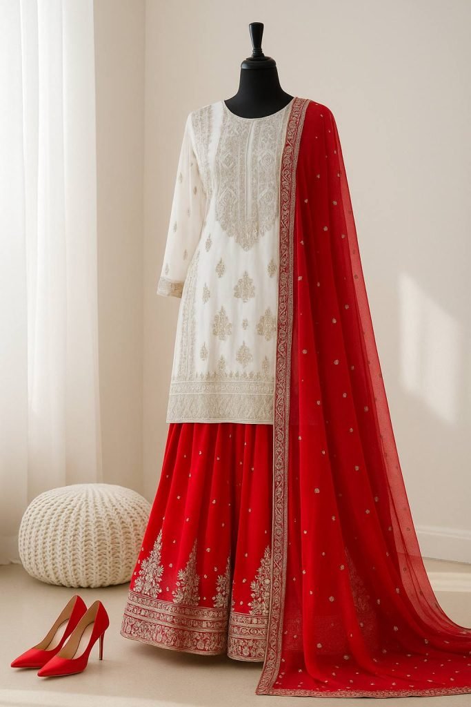 White georgette with  embroidery sequence work women’s ethnic wear