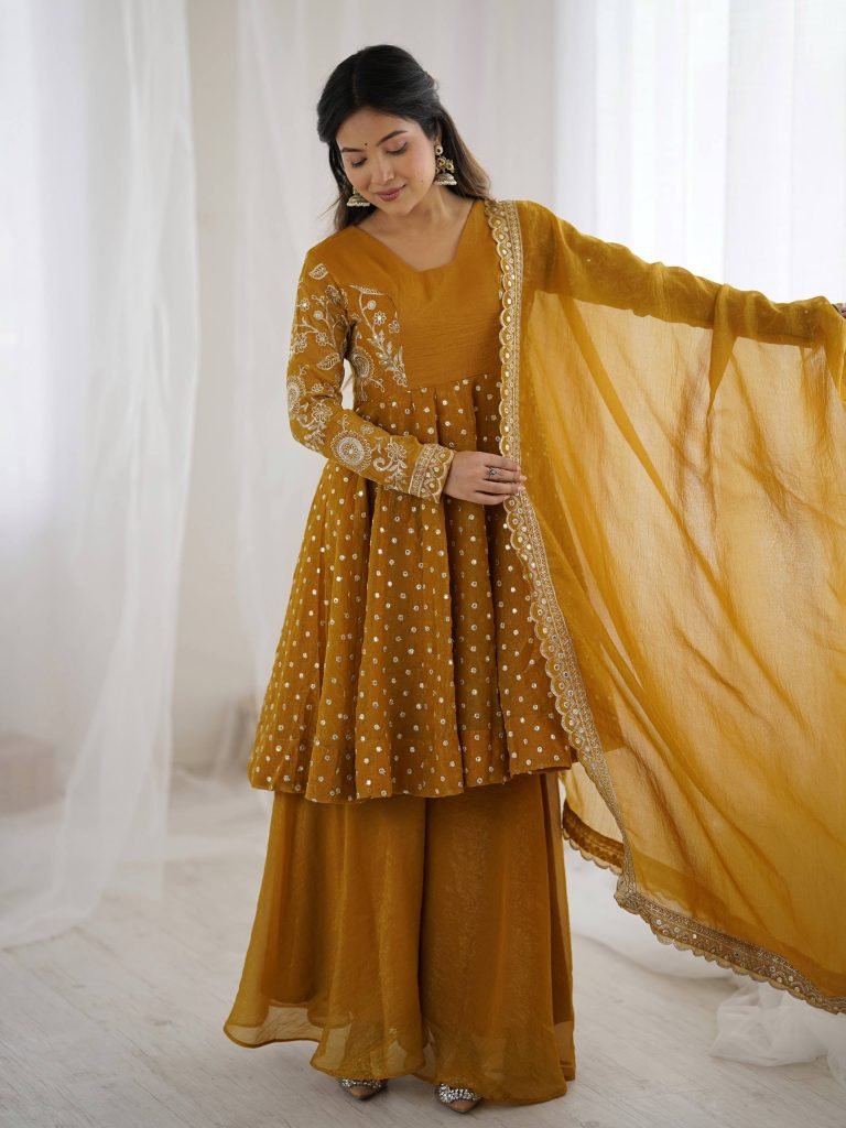 Yellow crunchy silk embroidery sequence work fully stitched & ready to wear