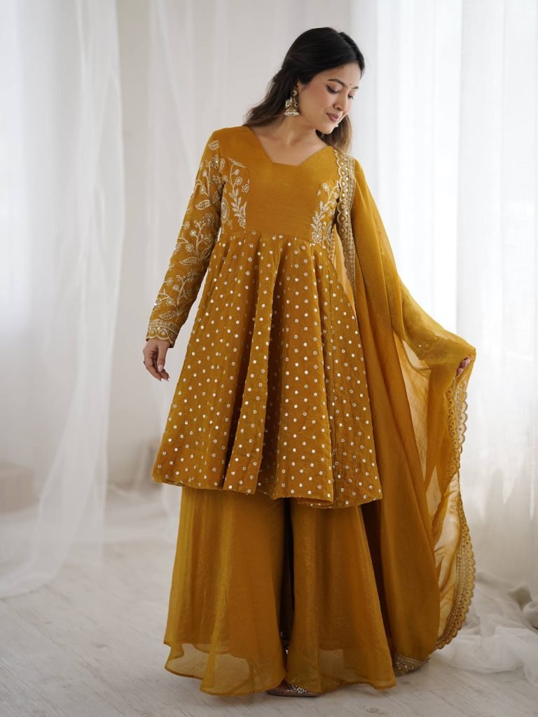 Yellow crunchy silk embroidery sequence work fully stitched & ready to wear