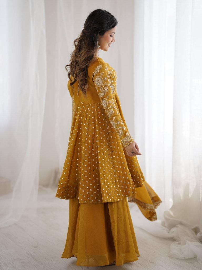 Yellow crunchy silk embroidery sequence work fully stitched & ready to wear