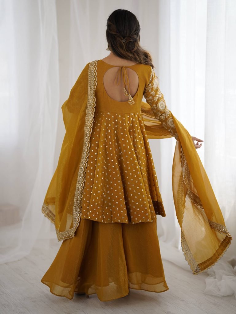 Yellow crunchy silk embroidery sequence work fully stitched & ready to wear
