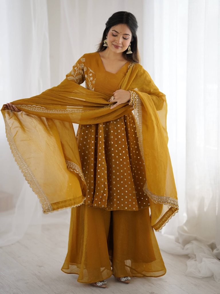 Yellow crunchy silk embroidery sequence work fully stitched & ready to wear