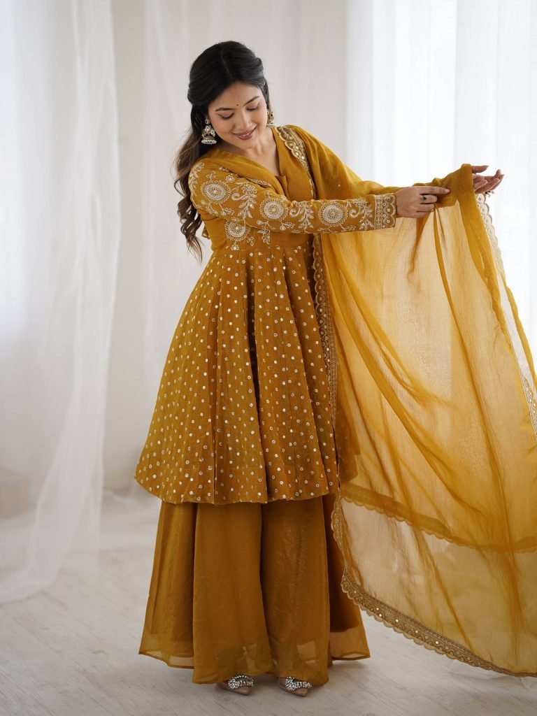 Yellow crunchy silk embroidery sequence work fully stitched & ready to wear