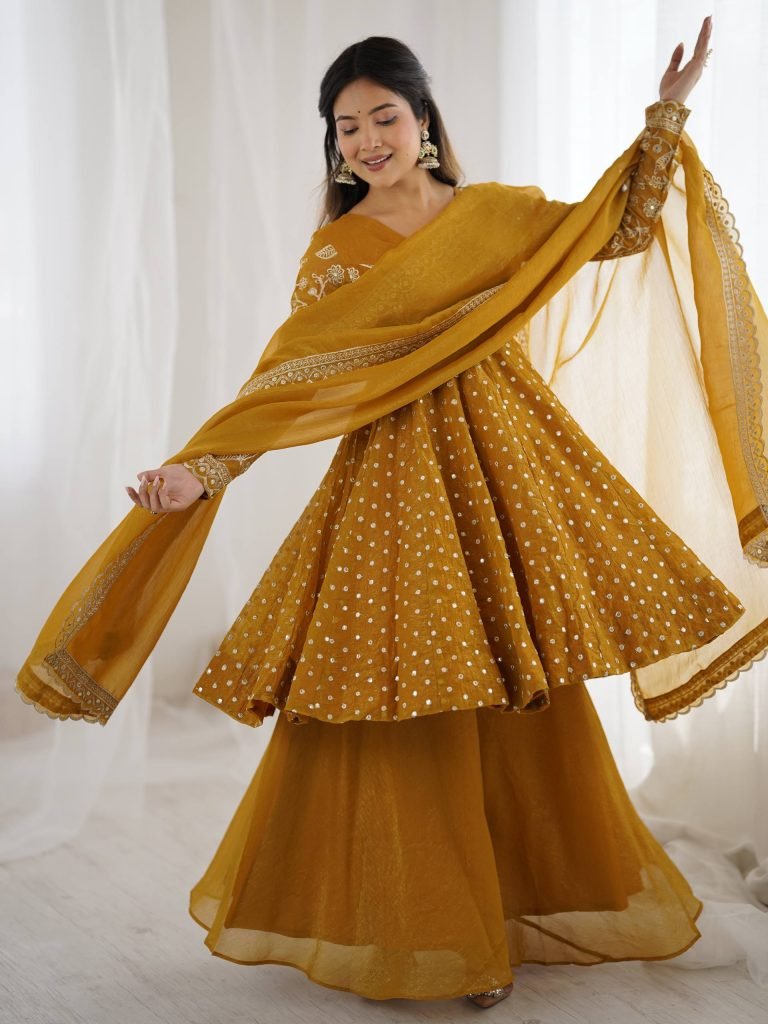 Yellow crunchy silk embroidery sequence work fully stitched & ready to wear