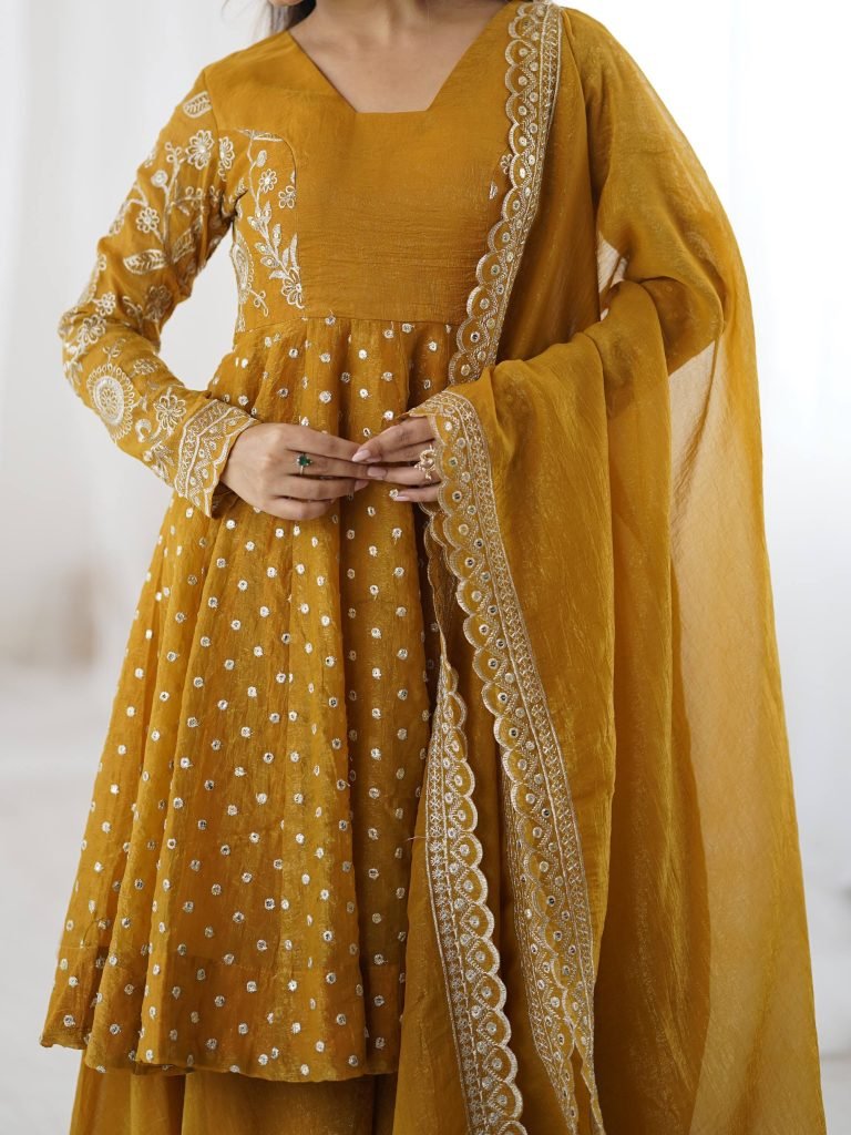 Yellow crunchy silk embroidery sequence work fully stitched & ready to wear