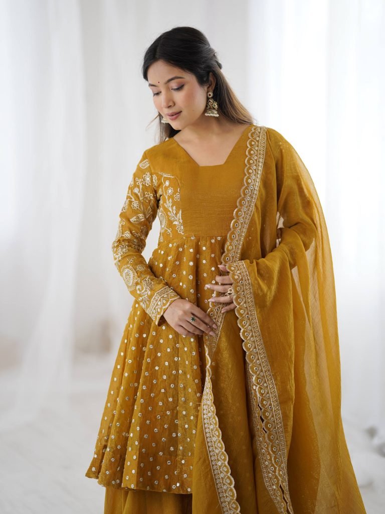 Yellow crunchy silk embroidery sequence work fully stitched & ready to wear