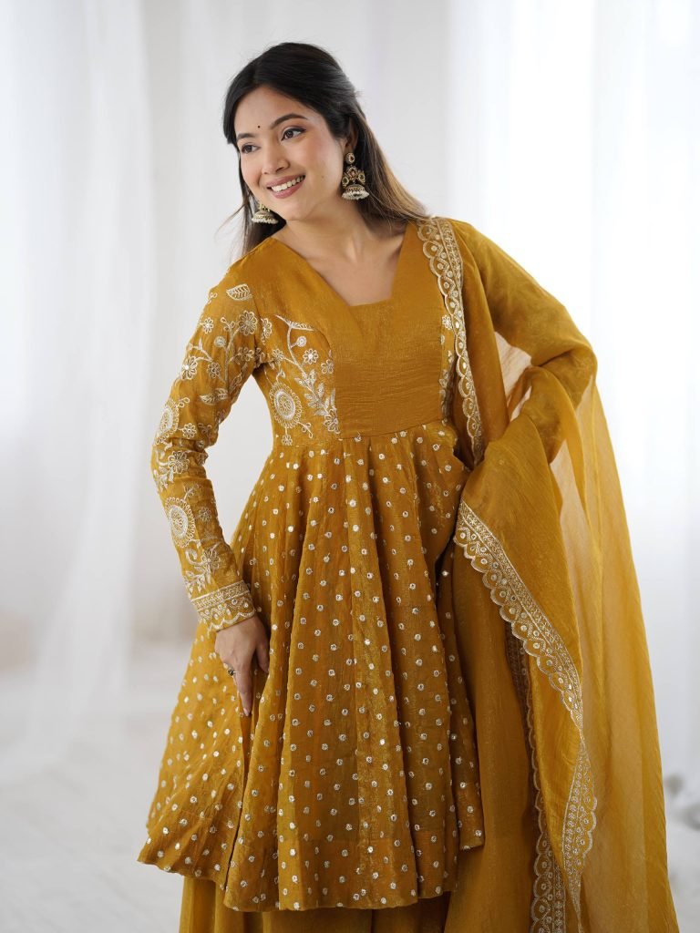 Yellow crunchy silk embroidery sequence work fully stitched & ready to wear