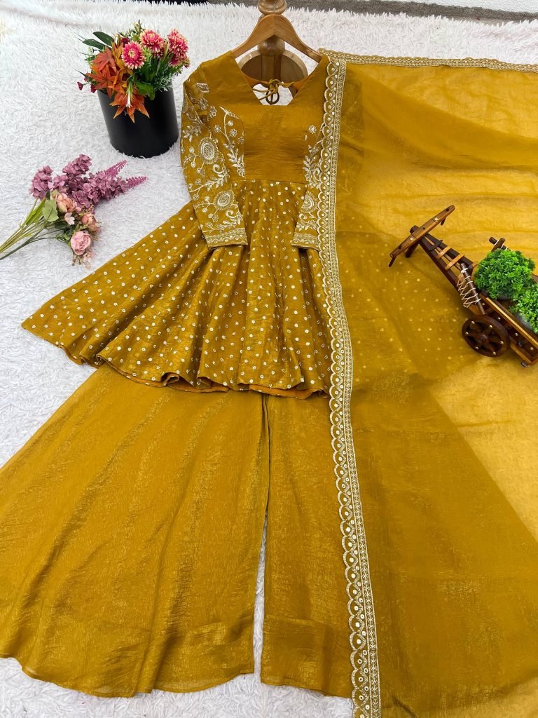 Yellow crunchy silk embroidery sequence work fully stitched & ready to wear