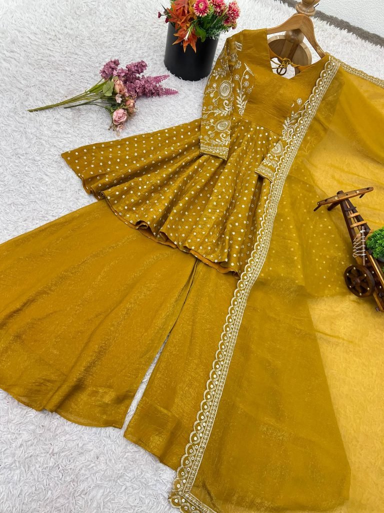 Yellow crunchy silk embroidery sequence work fully stitched & ready to wear