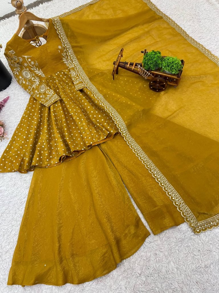 Yellow crunchy silk embroidery sequence work fully stitched & ready to wear